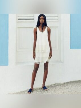 NWT Theory Jurinzi Prosecco Fringe-Trim Dress Size L Ivory Linen Sleeveless